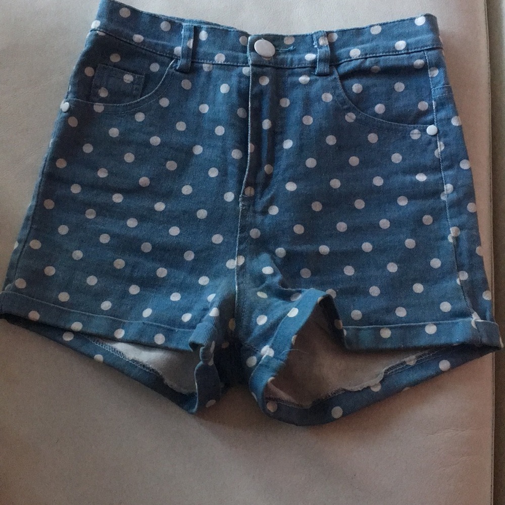 Light denim polka dot shorts